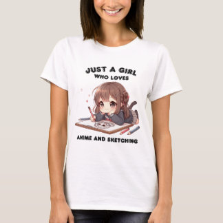 アニメやスケッチを愛する女の子だけのアニメ少女 Tシャツ