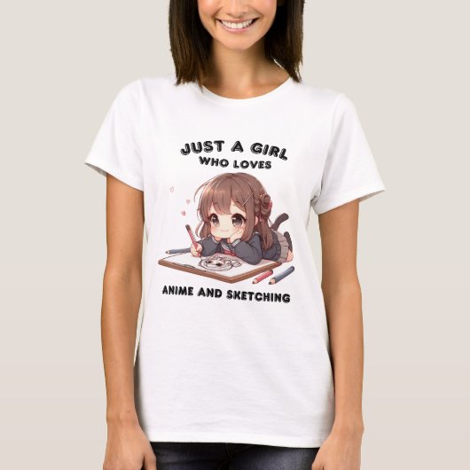 アニメやスケッチを愛する女の子だけのアニメ少女 Tシャツ (正面)