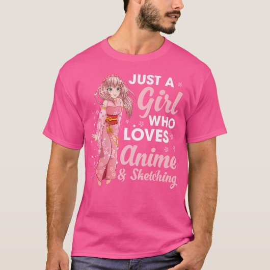 アニメやスケッチを愛する女の子を描く Tシャツ (正面)