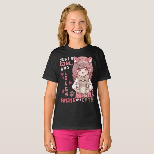 アニメや猫を愛する少女に過ぎないアニメ猫好き Tシャツ (正面フル)