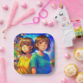 アニメをテーマにしたツインガールの誕生日パーティー ペーパープレート (パーティー)