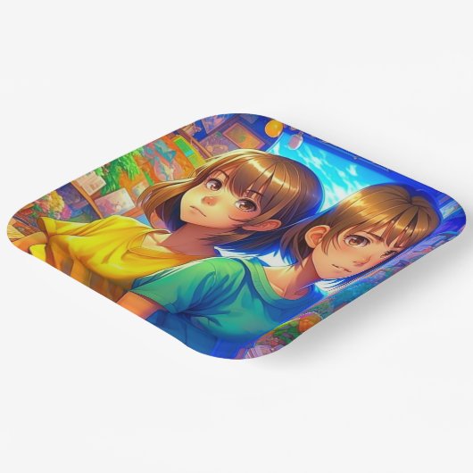 アニメをテーマにしたツインガールの誕生日パーティー ペーパープレート (傾斜あり)