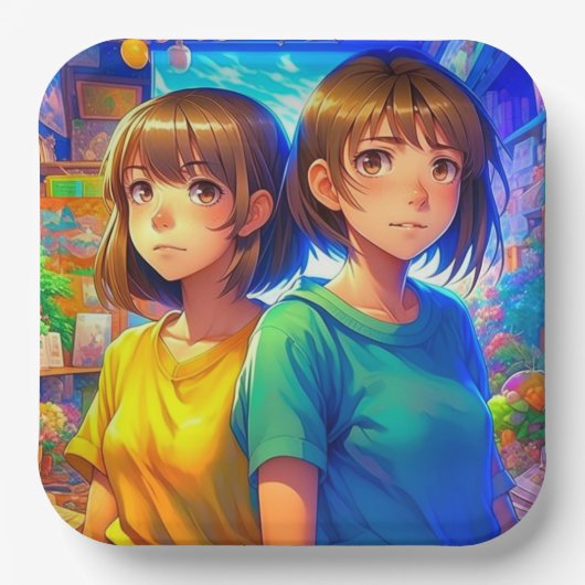 アニメをテーマにしたツインガールの誕生日パーティー ペーパープレート (正面)