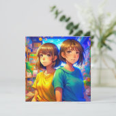 アニメをテーマにしたツインガールの誕生日パーティー 招待状 (スタンド正面)