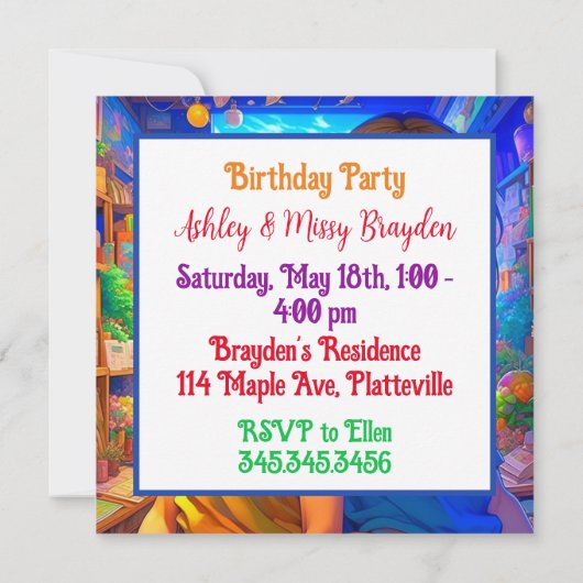 アニメをテーマにしたツインガールの誕生日パーティー 招待状 (裏面)