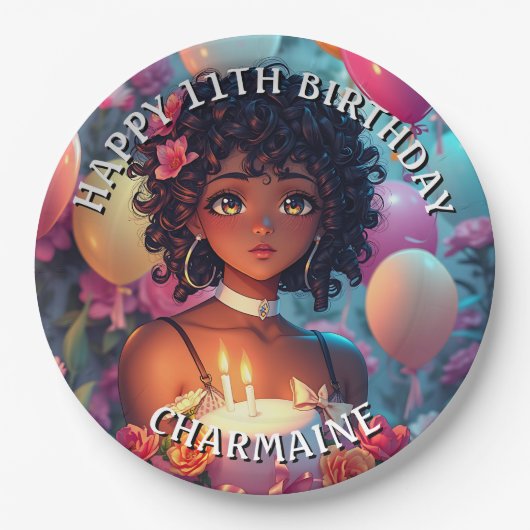 アニメをテーマにした誕生日ガールオブカラー ペーパープレート (正面)