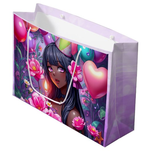 アニメをテーマにした誕生日ガールオブカラー ラージペーパーバッグ (正面アングル)