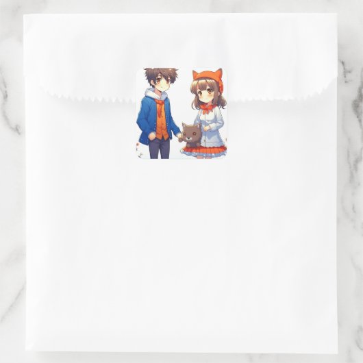 アニメカップルのロマンチックなパーソナライズされたクリスマス スクエアシール (バッグ)