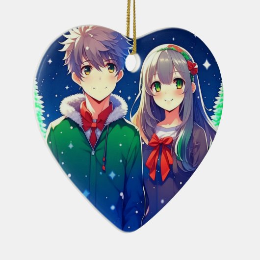 アニメカップルのロマンチックなパーソナライズされたクリスマス セラミックオーナメント (右)