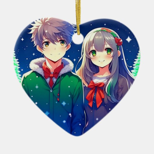 アニメカップルのロマンチックなパーソナライズされたクリスマス セラミックオーナメント (正面)