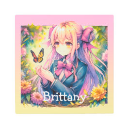 アニメガールとバタフライの水色パーソナライズされた メタルプリント