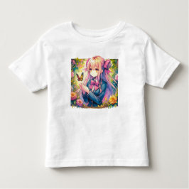 アニメガールとバタフライ水彩画 トドラーTシャツ