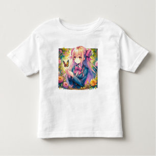アニメガールとバタフライ水彩画 トドラーTシャツ