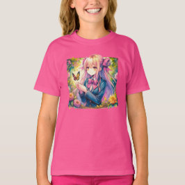アニメガールとバタフライ水彩画 Tシャツ