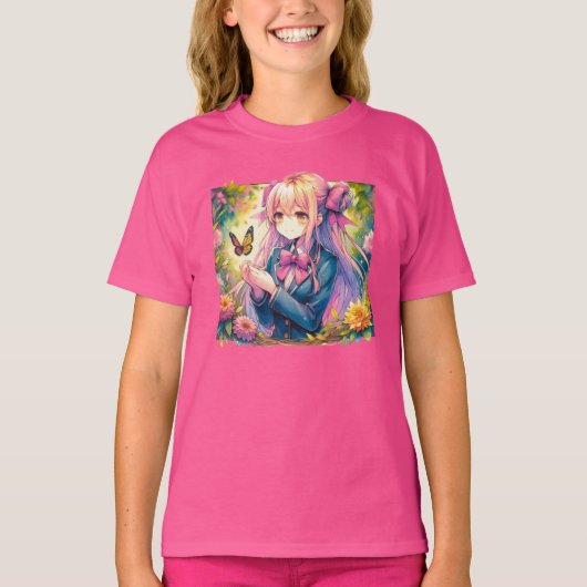 アニメガールとバタフライ水彩画 Tシャツ (正面)