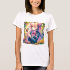 アニメガールとバタフライ水彩画 Tシャツ