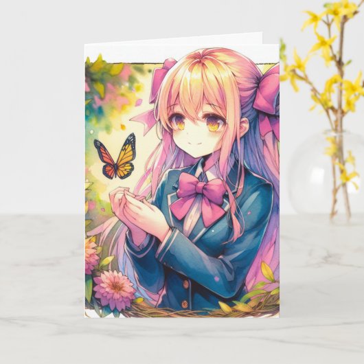 アニメガールとバタフライ誕生日カラーページ カード (黄色い花)