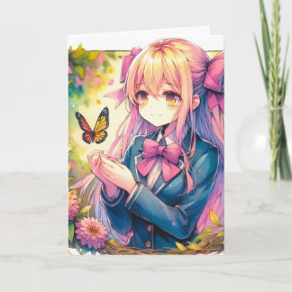 アニメガールとバタフライ誕生日カラーページ カード