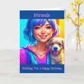 アニメガールと子犬パーソナライズされた誕生日 カード (黄色い花)