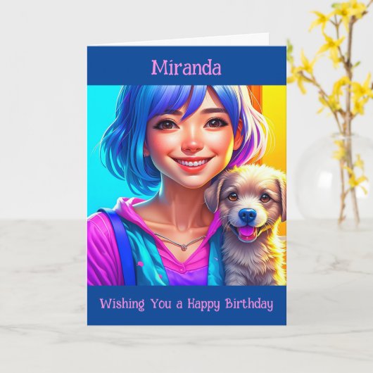 アニメガールと子犬パーソナライズされた誕生日 カード (黄色い花)