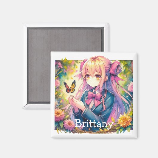 アニメガールと蝶の水彩愛アート マグネット (正面/裏面)
