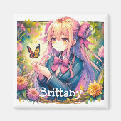 アニメガールと蝶の水彩愛アート マグネット (正面)