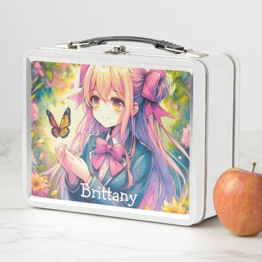 アニメガールと蝶の水彩愛アート メタルランチボックス (インサイチュ)