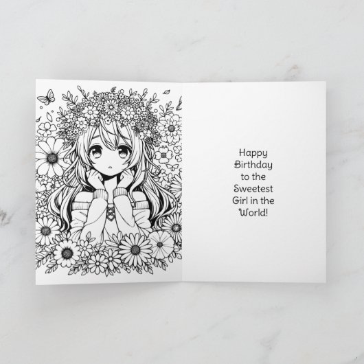 アニメガールをテーマにしたカラーリングページ誕生日 カード (内部)
