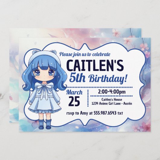 アニメガールキュート日本の誕生日招待状 招待状 (正面/裏面)