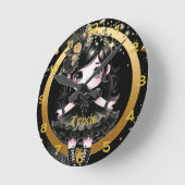 アニメガールズかわいいゴシックかわいいデコールブラック金ゴールド ラウンド壁時計 (傾斜)