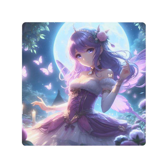 アニメガールバイオレットバタフライウィングムーンフェアリー メタルプリント (正面)