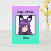 アニメガールパープル誕生日 パーソナライズされた カード (黄色い花)