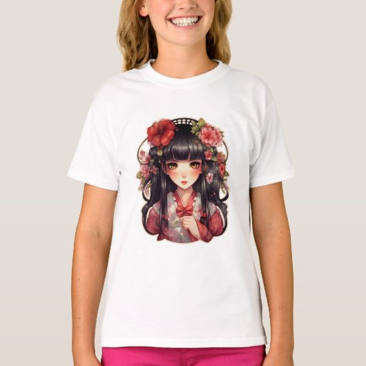 アニメガールピンクの花 Tシャツ (正面)