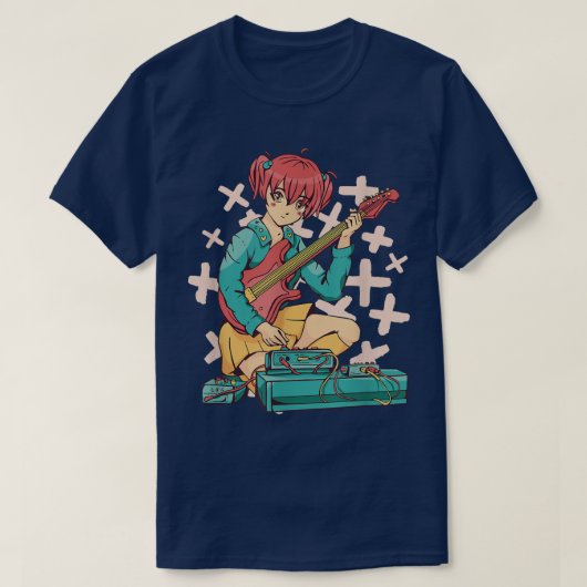 アニメガール遊ギタリストのギターとブルーコロ Tシャツ (デザイン正面)