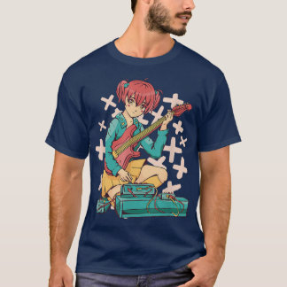 アニメガール遊ギタリストのギターとブルーコロ Tシャツ