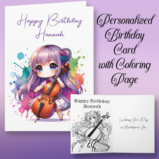 アニメガール遊ズチェロパーソナライズされた誕生日 カード