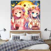 アニメガールHippie Moon Girls 与え's Peace Sign キャンバスプリント (インサイチュ (寝室))