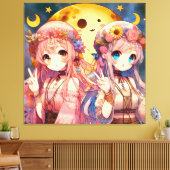 アニメガールHippie Moon Girls 与え's Peace Sign キャンバスプリント (インサイチュ (リビング))