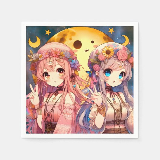 アニメガールHippie Moon Girls 与え's Peace Sign スタンダードカクテルナプキン (正面)