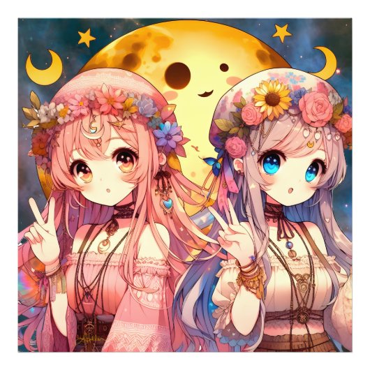 アニメガールHippie Moon Girls 与え's Peace Sign フォトプリント (正面)