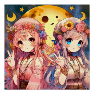 アニメガールHippie Moon Girls 与え's Peace Sign ポスター