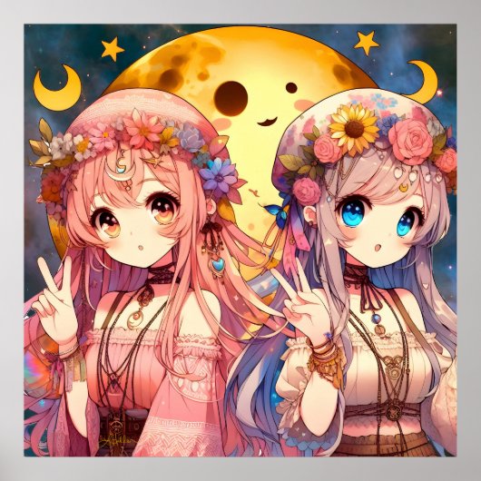 アニメガールHippie Moon Girls 与え's Peace Sign ポスター (正面)