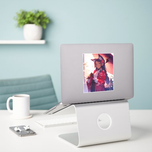 アニメキツネガールかわいいキツネファンタジーアート シール (デスク上のノートパソコン)