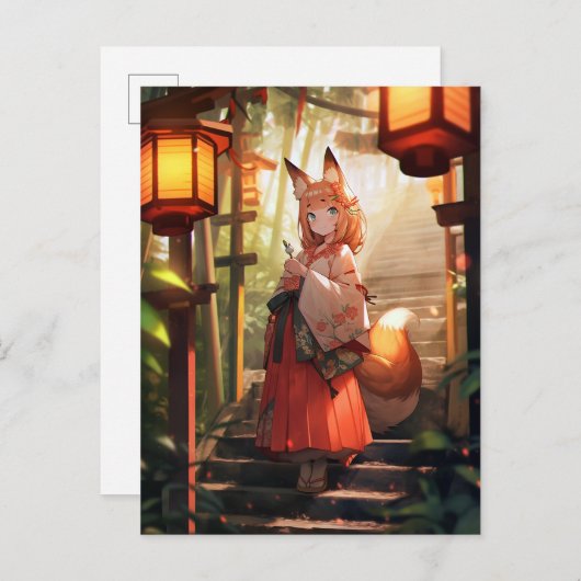 アニメキツネガールかわいいキツネファンタジーアート ポストカード (正面/裏面)