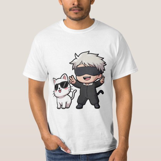 アニメキャラクター&ブラッシング猫 Tシャツ (正面)