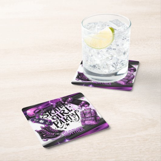 アニメスケーター女子バースデーパーティースカートボード スクエアペーパーコースター (インサイチュ)