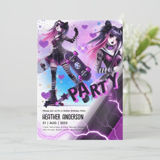 アニメスケーター女子バースデーパーティースカートボード 招待状 (スタンド正面)