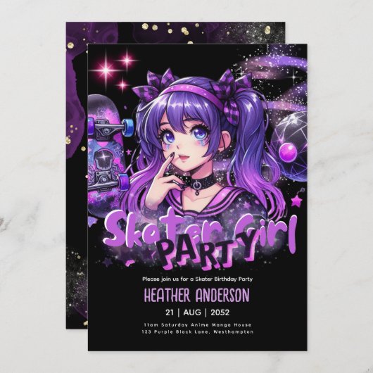 アニメスケーター女子バースデーパーティースカートボード 招待状 (正面/裏面)