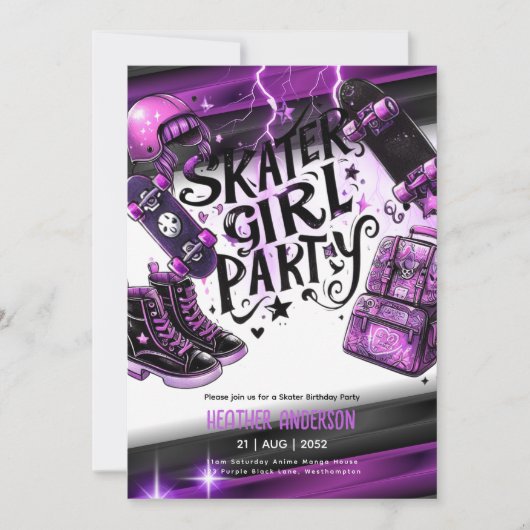 アニメスケーター女子バースデーパーティースカートボード 招待状 (正面)