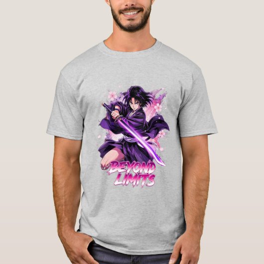 アニメスタイルの刀を持つ戦士のグラフィック「限界を超えて」 Tシャツ (正面)